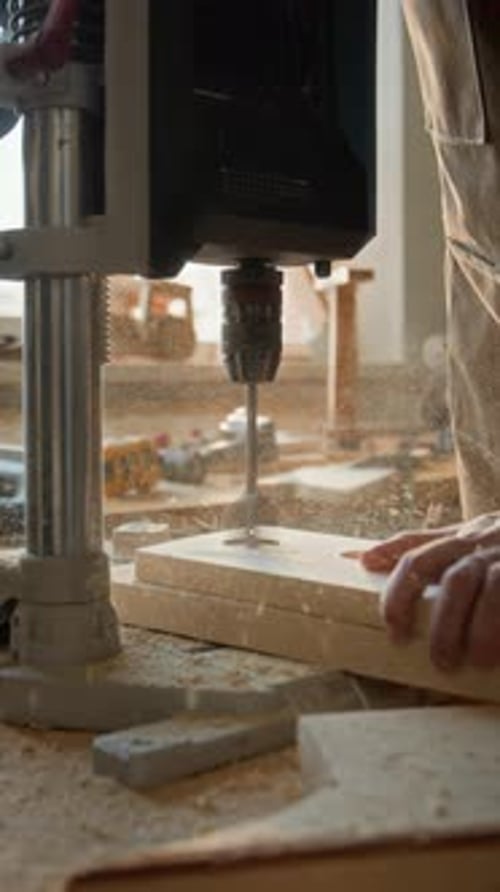 Unknown Carpenter Drilling Wooden Plank with Machine and Blowing Sawdust from It
