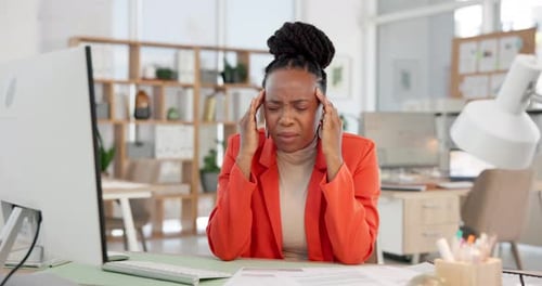 Pressure, massage or black woman in office with headache, frustration or mistake in task management