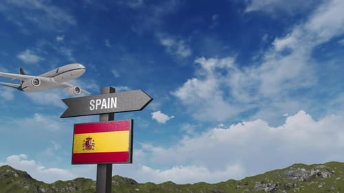 Airplane Flying Past Spain Destination Signpost Animation