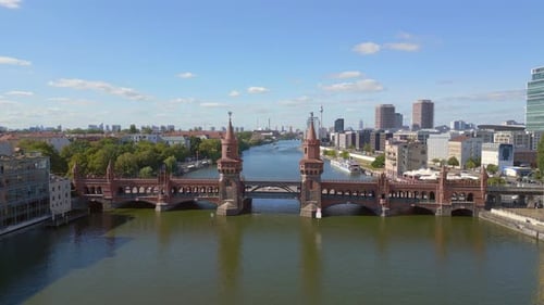 Summer day east west Berlin Border River Bridge Germany. Amazing aerial top view flight panorama ove