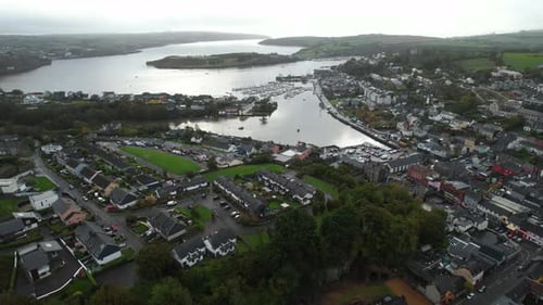 Kinsale, Republic of Ireland. Drone Aerial View, Cityscape and Brandon River Bay on Moody Autumn Day