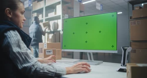 Una empleada de almacén que trabaja en la computadora La pantalla del PC muestra una clave de cromo en pantalla verde