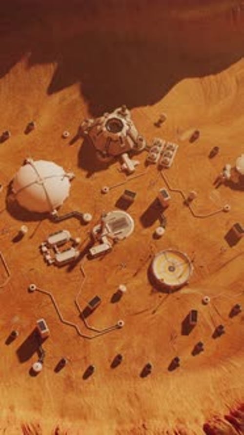 Vista desde arriba de la colonia de la estación de investigación o base científica en Marte