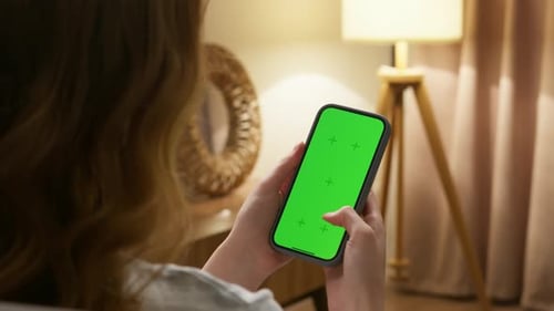 Person Use Mobile Cell Phone Green Screen Girl Scroll Like Photo Chromakey