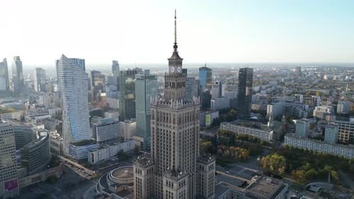 Aerial view of modern European capital city, Warsaw, Poland, Palace of Culture and Science