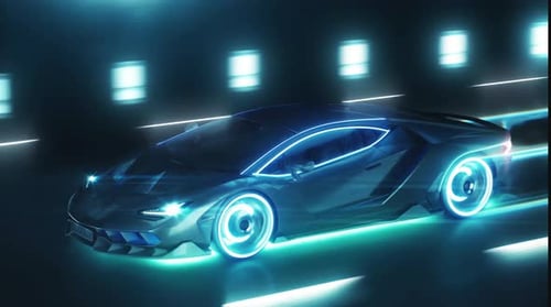 Glowing Futuristic Car Speeding in a Cyber Tunnel