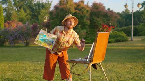 Artist Painting Beautiful Park Scene on Easel
