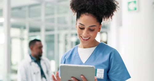 Nurse, woman and reading on tablet for hospital or clinic research, online planning