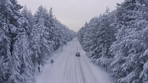 Aerial Footage a Car Driving on a Road in Winter Forest Landscape