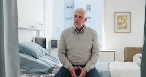 Time, waiting or old man in hospital, healthcare or nervous with appointment