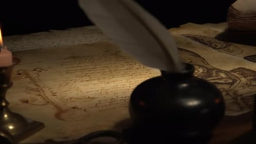 Candlelit Antique Table with Anatomical Drawings and Texts