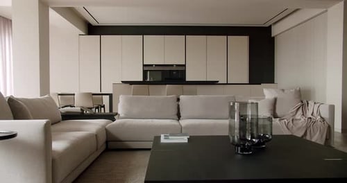 Neutral Modern Living Room with Open Kitchen Design