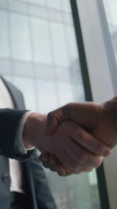 Vertical View Two Multiethnic Business Men Office Handshaking Caucasian Leader Businessman Man