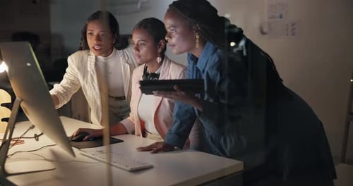 Teamwork, planning and computer with business people in office for research