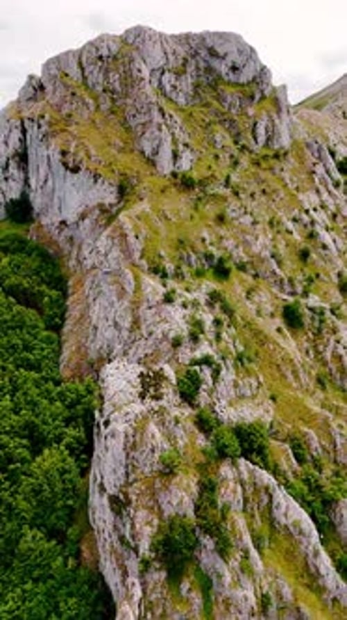 Moss covers the slope of the huge mountain. Drone footage rising to the top of the rock