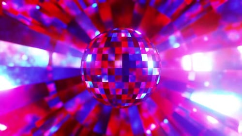 Vibrant Disco Ball Rotating Against Abstract Neon Light Rays