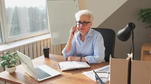 Mature Woman Talking on Phone at Office Desk