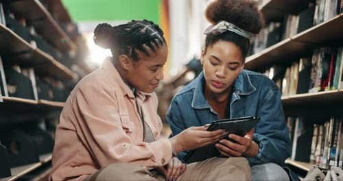 College, students and discussion with tablet in campus library for ebook study or online course