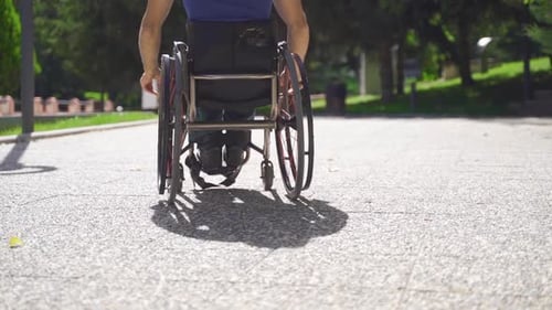 Man in Wheelchair Moves Through Sunny Park
