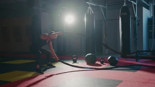 Un hombre fuerte se prepara para balancear la cuerda de batalla
