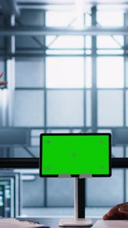 Vertical Video Engineers Overseeing Server Room with Mockup Device Reading Documentation