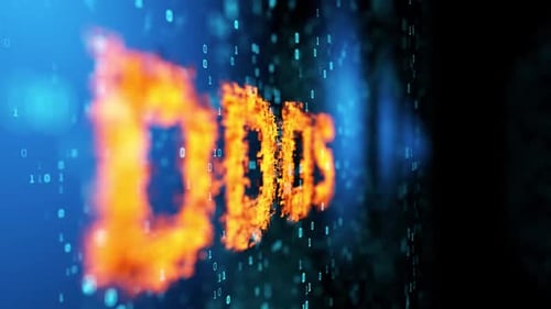 Turning the camera sideways around the DDOS inscription. The concept of a DDOS attack on information