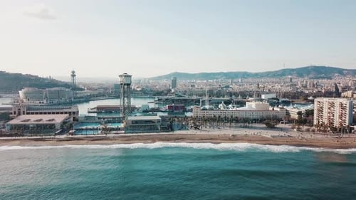 Barcelona Beach and Cityscape Showing Barceloneta Beach and Port Cable Car