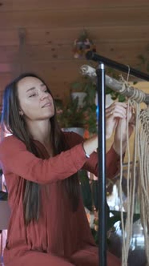 Woman Creates Macrame Textile Art at Home