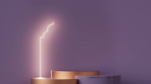 Purple Glowing Neon Moving arch with copy space