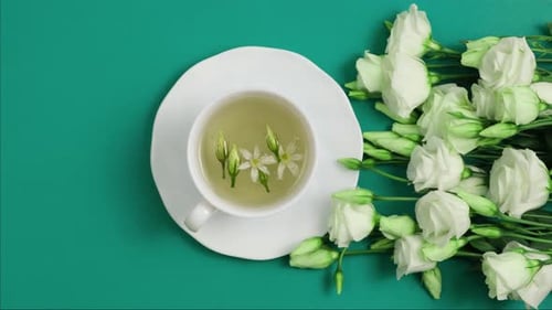 Teacup with White Flowers on Teal Background
