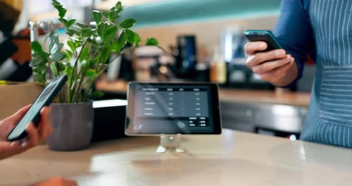 Customer, barista and pos machine with phone for payment, transaction or checkout at cafe