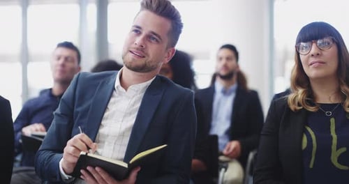 Seminar audience, notebook and business man writing notes, tradeshow memory list