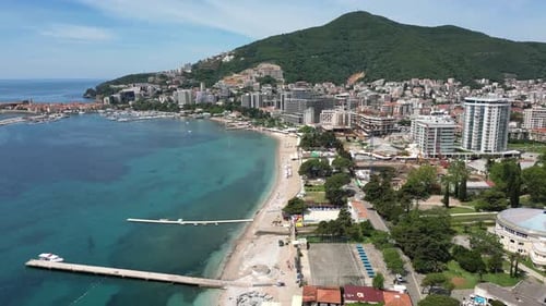 Budva is the Most Popular Resort in Montenegro Aerial View of the City Sea and Beach