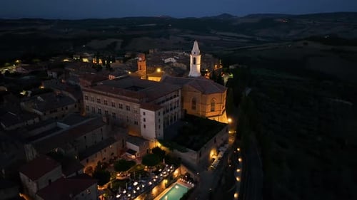 Night Aerial View of Medieval Pienza Town in Tuscany Siena Province Italy