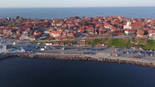 View From a Height on the Pier of the City the Islands of Pomorie with Many Boats and Boats in the