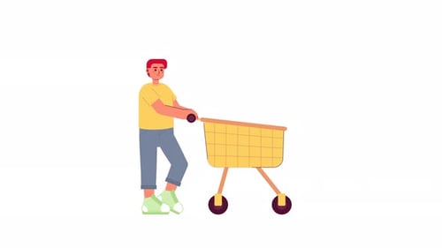 Flat Design Animation of Person Pushing a Shopping Cart