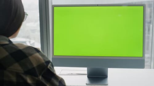 Woman Reading Chromakey Computer at City View Flat Student Watching Monitor