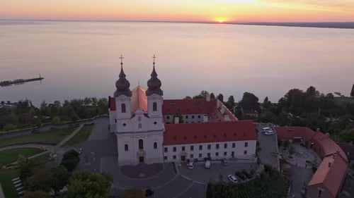 Aerial view of Tihany Abbey at sunrise over Lake Balaton, Tihany, Hungary.