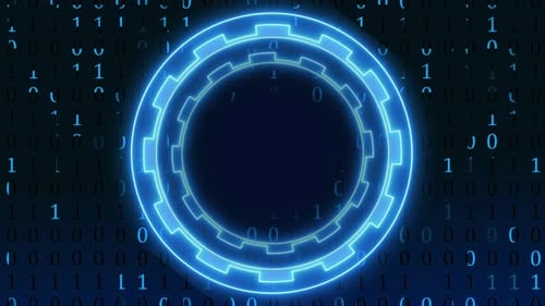 Futuristic Glowing Blue Tech Circles Over Binary Code Background