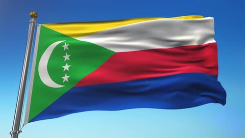 Comoros Flag Waving Loop Animation Against a Blue Sky