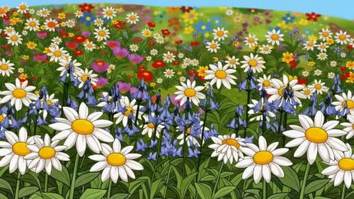 Cartoon meadow with beautiful spring flowers swaying in the