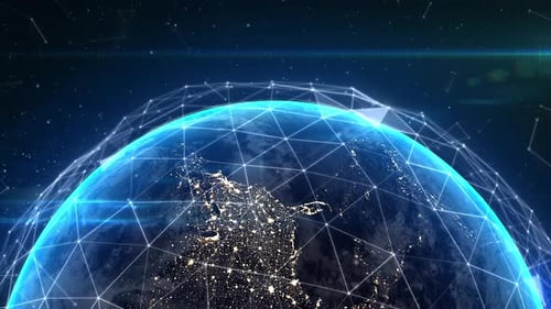 Network of digital nodes girdles the globe. A view from space of the American continent.