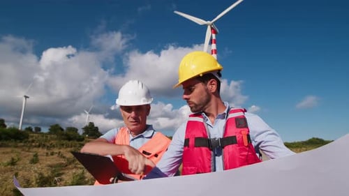 Engineers Cooperating During Work Under Wind Turbine Construction