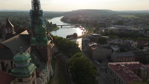 Aerial View of Wawel Royal Castle Tourist Attraction in the Historical Center of Krakow on a Summer