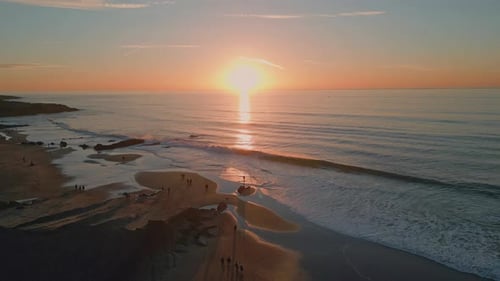 Sunset Ocean Rippling Water Beach Aerial View Golden Dawn Sky Over Serene Sea