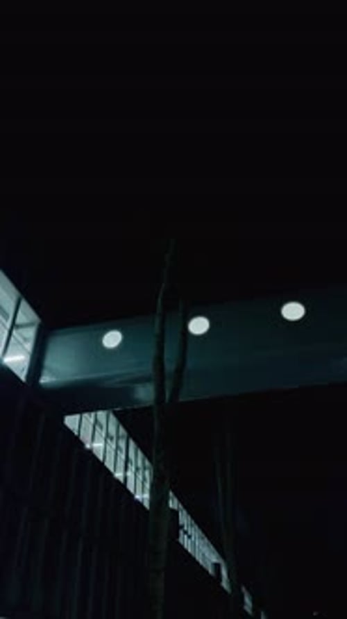 Night pedestrian walkway with modern glass bridge