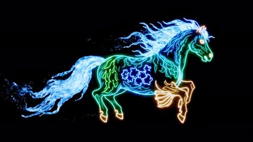 Vibrant neon horse with glowing mane and tail in motion