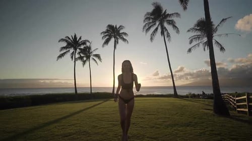 Bikini-Model läuft am Strand bei Sonnenuntergang auf Hawaii