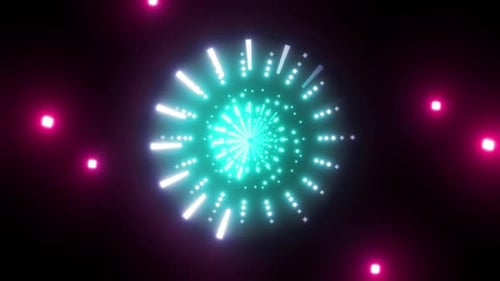 Vibrant neon light tunnel with swirling abstract geometric shapes