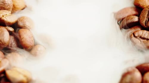 Roasting Coffee Beans with Smoke on Dark Background Close Up Arabica Robusta Colombian Beans